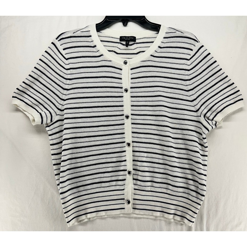 Rag & Bone Dina Striped Short Sleeve Cardigan Sweater White Navy Large